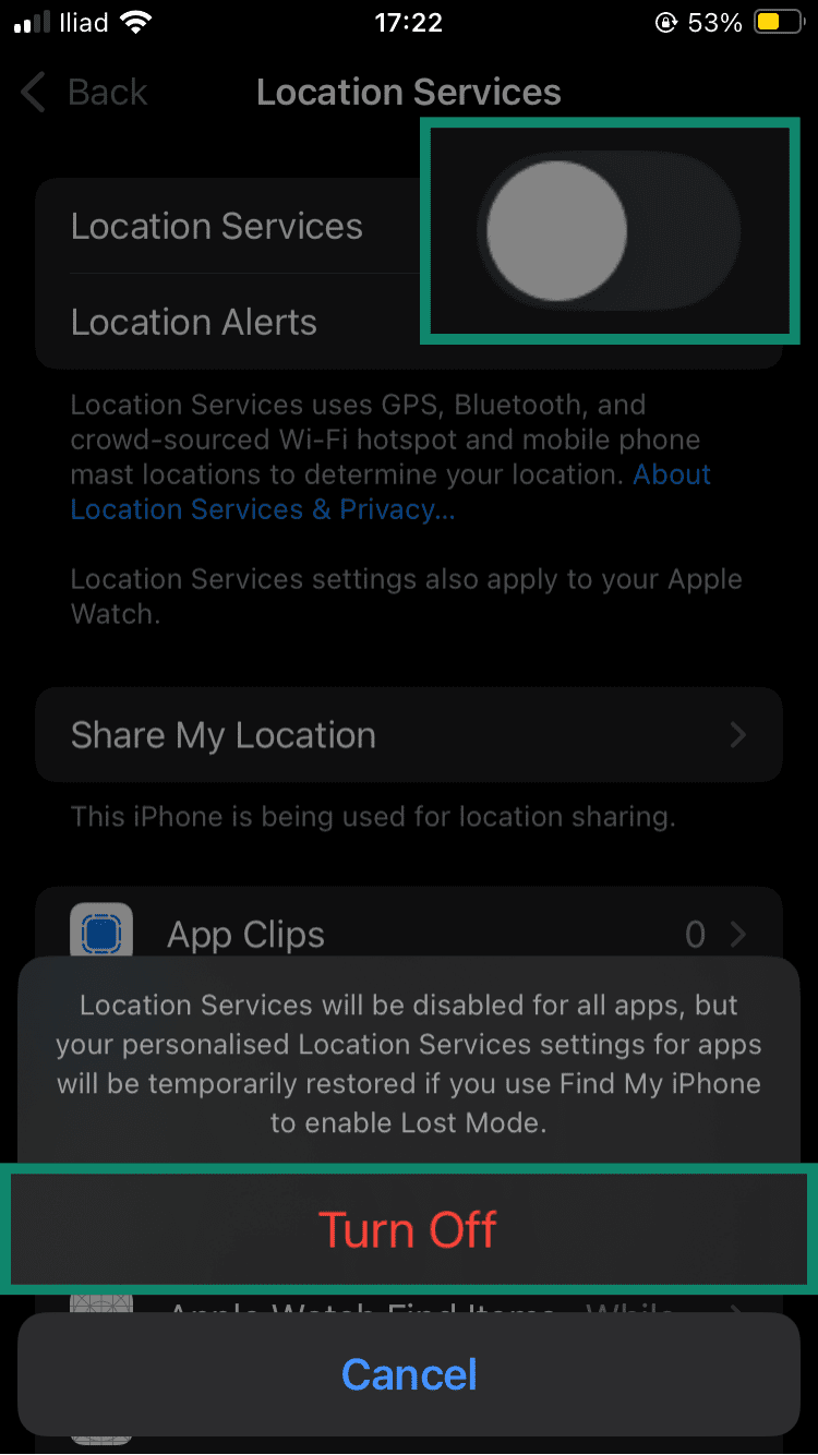 Privacy and Security settings screen with Location Services open and the