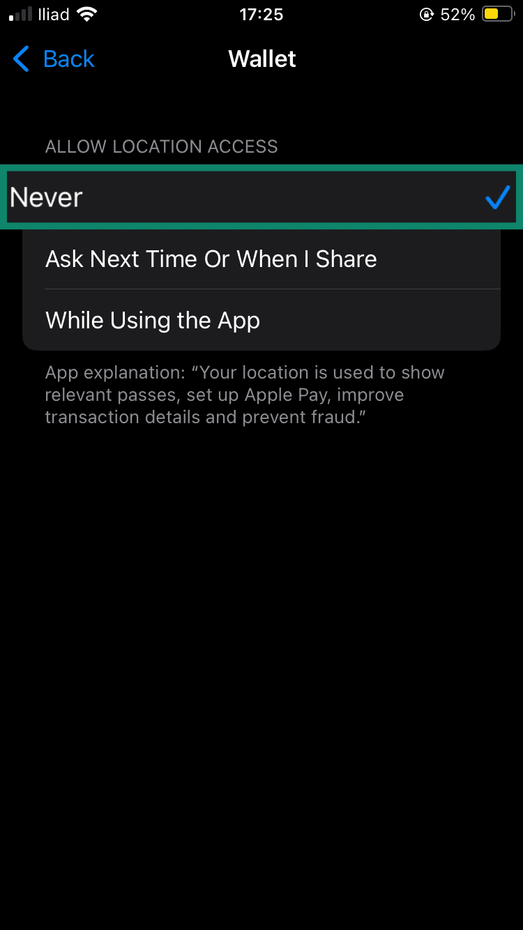 Wallet app Location Services screen with the
