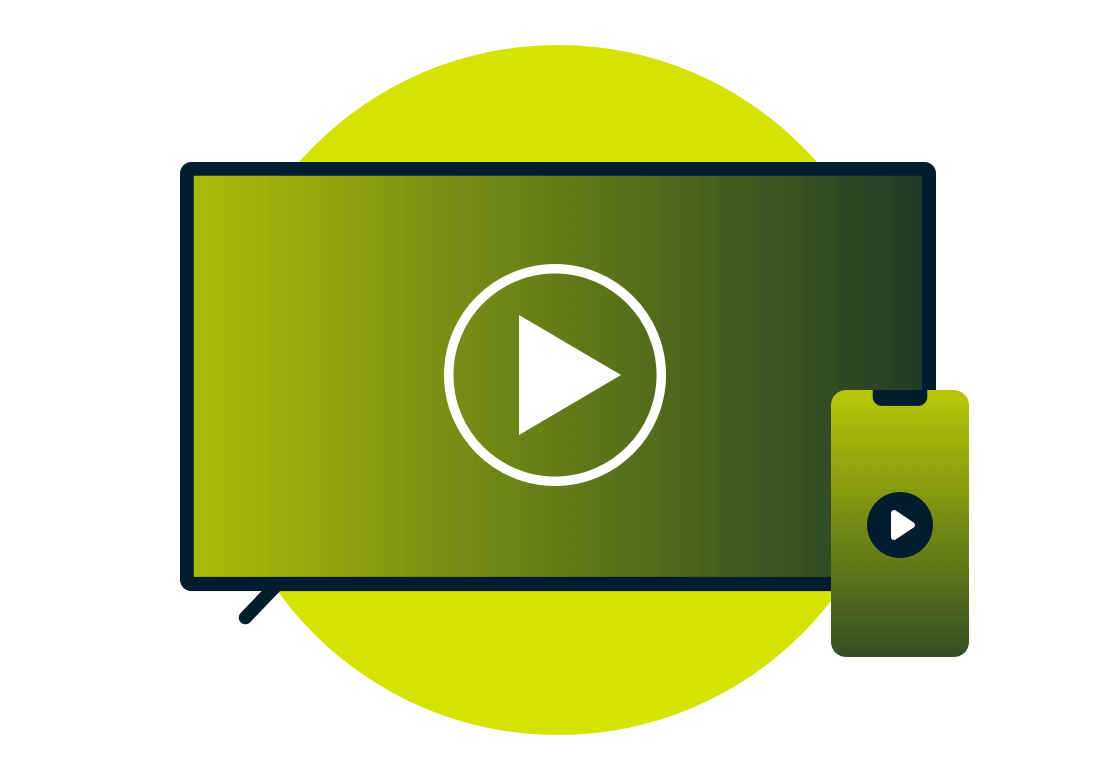 Schermo TV e dispositivo mobile con icone di riproduzione.