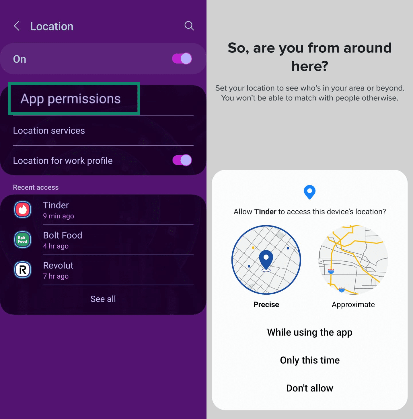 Two Android screenshots, side by side, one of the 