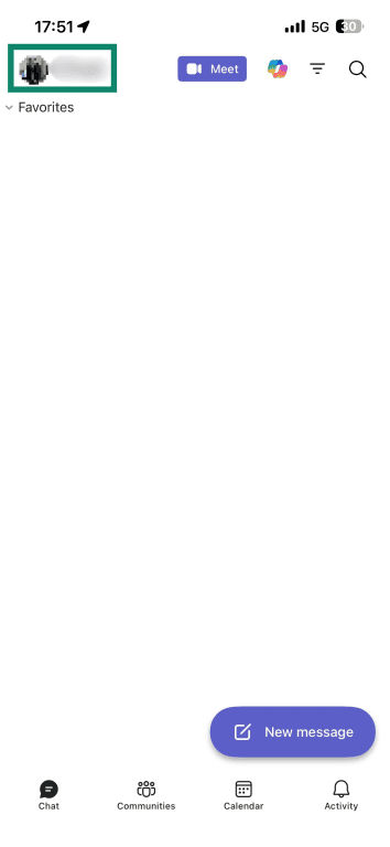 Microsoft Teams mobile app with a highlight over the user's icon, used for accessing settings.